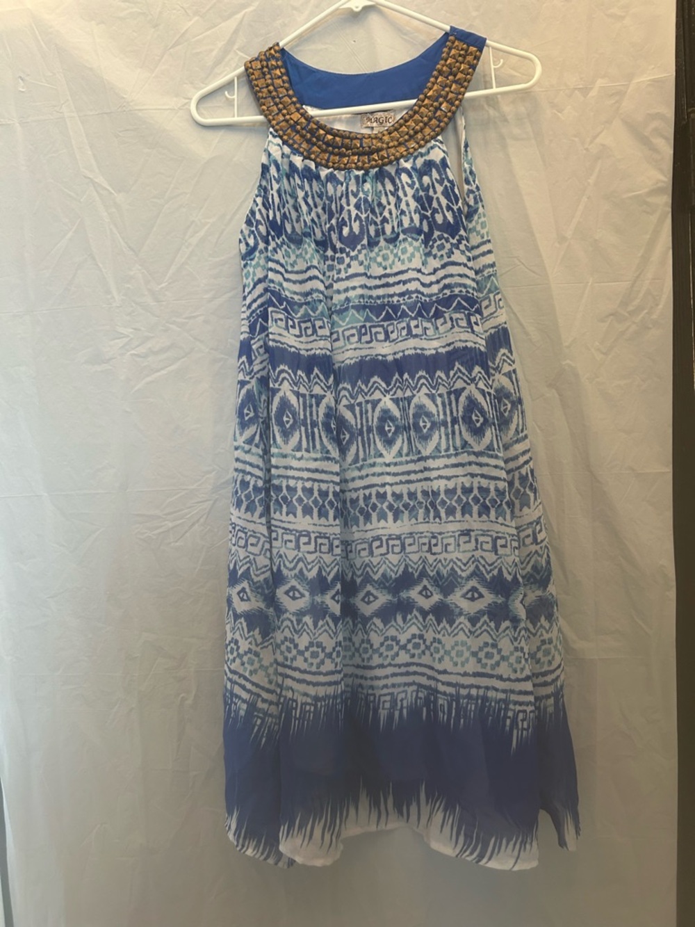 Magic Blue and White Sleeveless Patterned Dress with Beaded Neckline Sz S NWWT